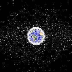 Simulation of orbital debris around Earth demonstrating the object population in the geosynchronous regions.