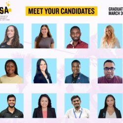 GSA Graduate Student Association Meet Your Candidates 17 males and females smiling, representing GSA candidates. Elections March 30 - April 1